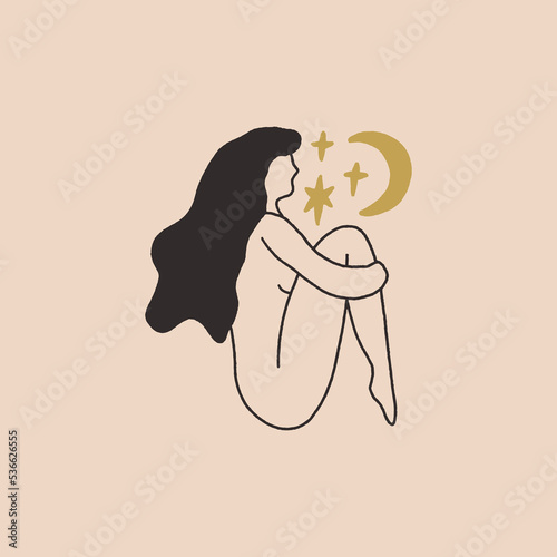 Divine celestial goddess vector clipart illustration, boho sacred magic woman, freedom mystical symbol. Flat holistic healing meditation Reiki New Age concept. Modern abstract silhouette. Hippie