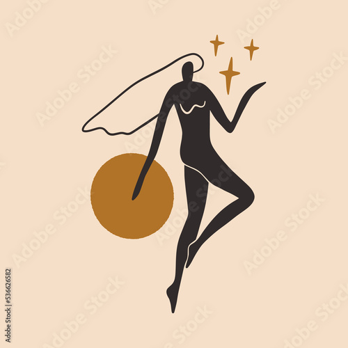 Divine celestial goddess vector clipart illustration, boho sacred magic woman, freedom mystical symbol. Flat holistic healing meditation Reiki New Age concept. Modern abstract silhouette. Hippie