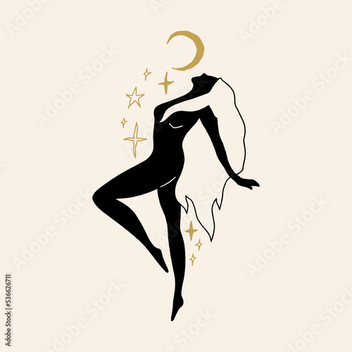 Divine celestial goddess vector clipart illustration, boho sacred magic woman, freedom mystical symbol. Flat holistic healing meditation Reiki New Age concept. Modern abstract silhouette. Hippie
