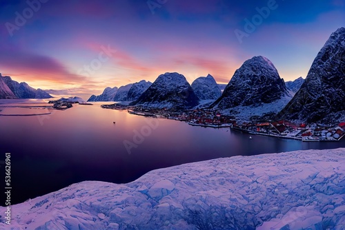 Frozen Torsfjorden fjord. Panoramic winter view of Fredvang village, Lofoten Islands, Norway, Europe. Stunning sunset on Norwegian sea. Traveling concept background. Beautiful winter scenery. photo