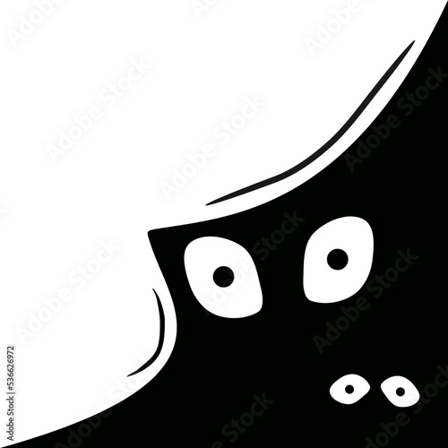 monochrome illustration of creature's eyes peeking in the corner