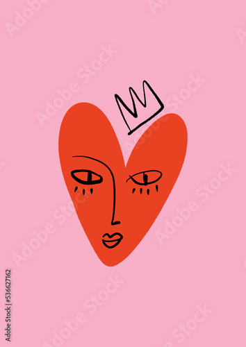 Cute funky doodle heart face emoji, vector Valentines clipart fancy fashion character, groovy grunge modern abstract style illustration. Perfect for poster, placard, leaflet, party decor.