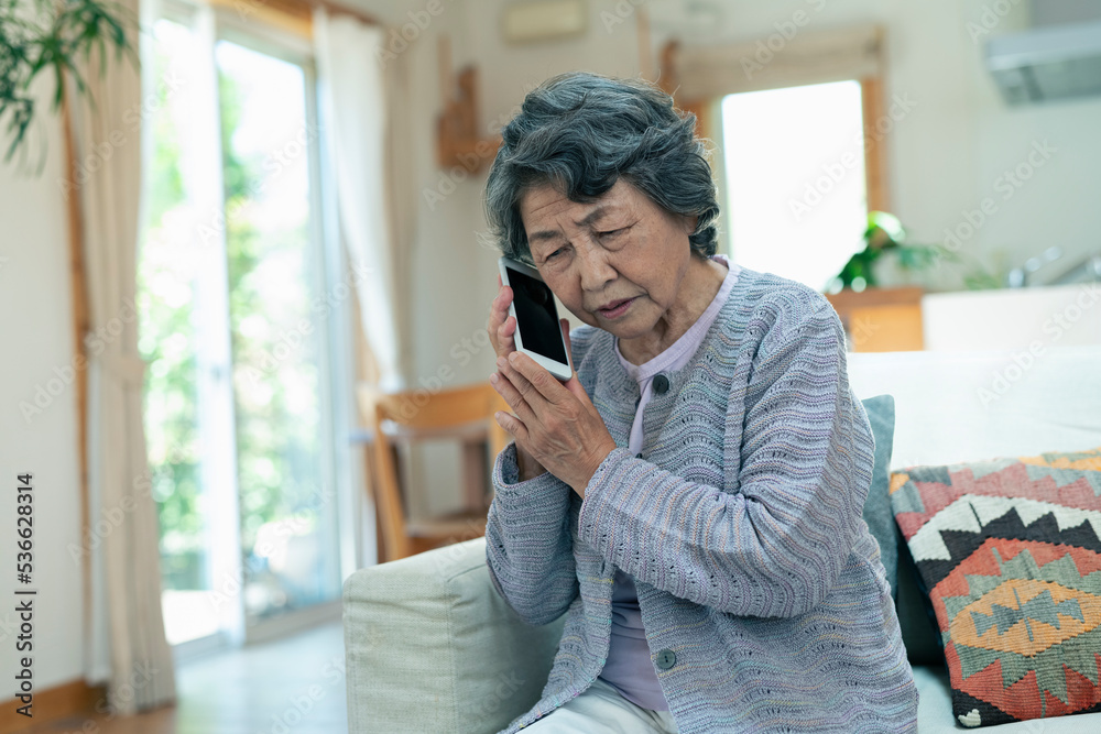 心配そうに電話をするシニア女性 心配そうに電話をするシニア女性