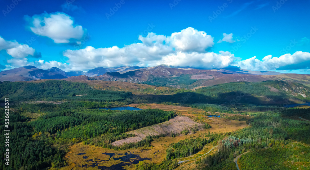 Snowdonia mountain range in North Wales, view from Lake Geirionydd near Llanrwst.