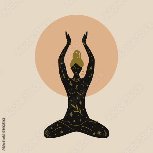 Divine celestial goddess vector clipart illustration, boho sacred magic woman, freedom mystical symbol. Flat holistic healing meditation Reiki New Age concept. Modern abstract silhouette. Hippie