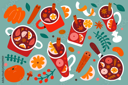 Christmas drinks, glintwine, mulled wine, punch in glasses and mugs, red wine with orange fruit, apple and spices, Hot alcoholic drinks scented with cinnamon, anise star and citrus, vector