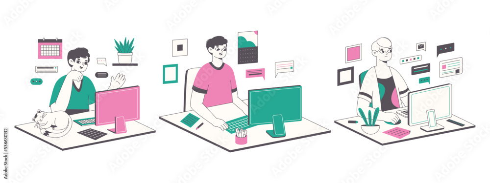 Distant freelancers, remote office workers. Freelance creative people work with computers, freelance characters working from home flat vector illustrations set. Freelance remote employees Distant freelancers, remote office workers. Freelance creative people work with computers, freelance characters working from home flat vector illustrations set. Freelance remote employees