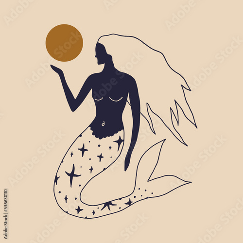 Divine celestial mermaid vector clipart illustration, boho sacred magic woman, freedom mystical symbol. Flat holistic healing meditation Reiki New Age concept. Modern abstract silhouette. Hippie