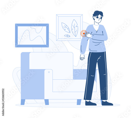 Flat man suffering from pain, sick patient at home. Male characters with ache in hand, injured unhappy person flat vector illustration set. Outline sick character