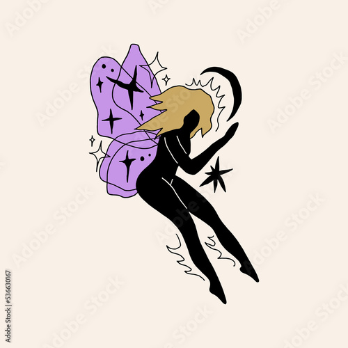 Divine celestial fairy or elf vector clipart illustration, boho sacred magic woman, freedom mystical symbol. Flat holistic healing meditation Reiki New Age concept. Modern abstract silhouette. Hippie