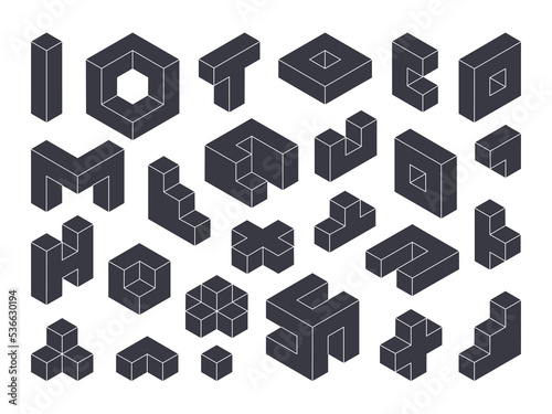 Isometric puzzle blocks, game geometric shapes. Logic game cubes, 3d constructor blocks elements vector illustration collection. Mosaic blocks set
