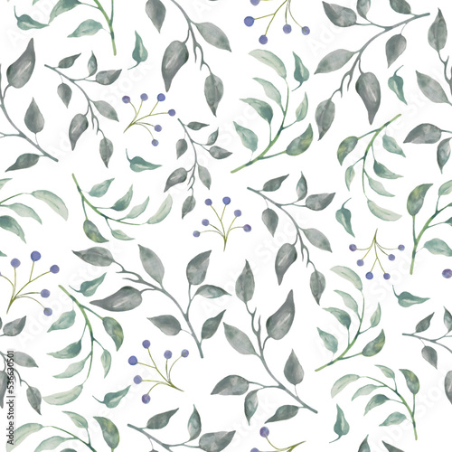 Watercolor seamless pattern with abstract floral branches and leaves and berries. Hand drawn floral illustration on white background. For interior, packaging, wrapping design or print. Vector eps.
