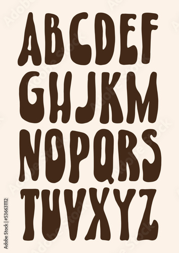 Hippie bohemian groovy postmodern funky font alphabet 1960s boho psychedelic style. Perfect for posters, collages, clothing, music albums and more. Vector clipart illustrations, isolated letters.
