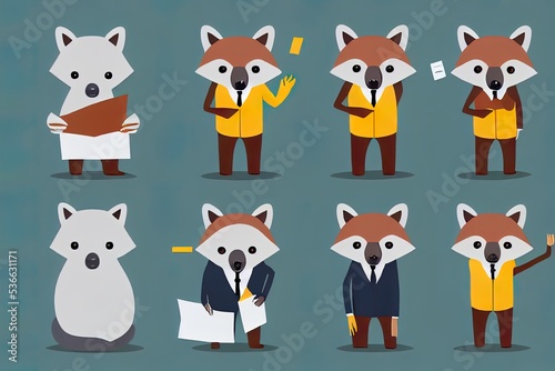 Animal characters anthropomorphic set illustration. Cartoon funny koala in office outfit holding paper document, fox businessman in suit, sloth practicing yoga relaxation isolated on white