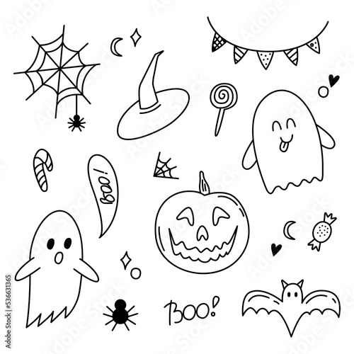 Halloween doodle set. Ghost, pumpkin, sweets, bat, web, spider, witch hat. Cartoon elements isolated on white background. Hand drawn outline vector illustration. photo