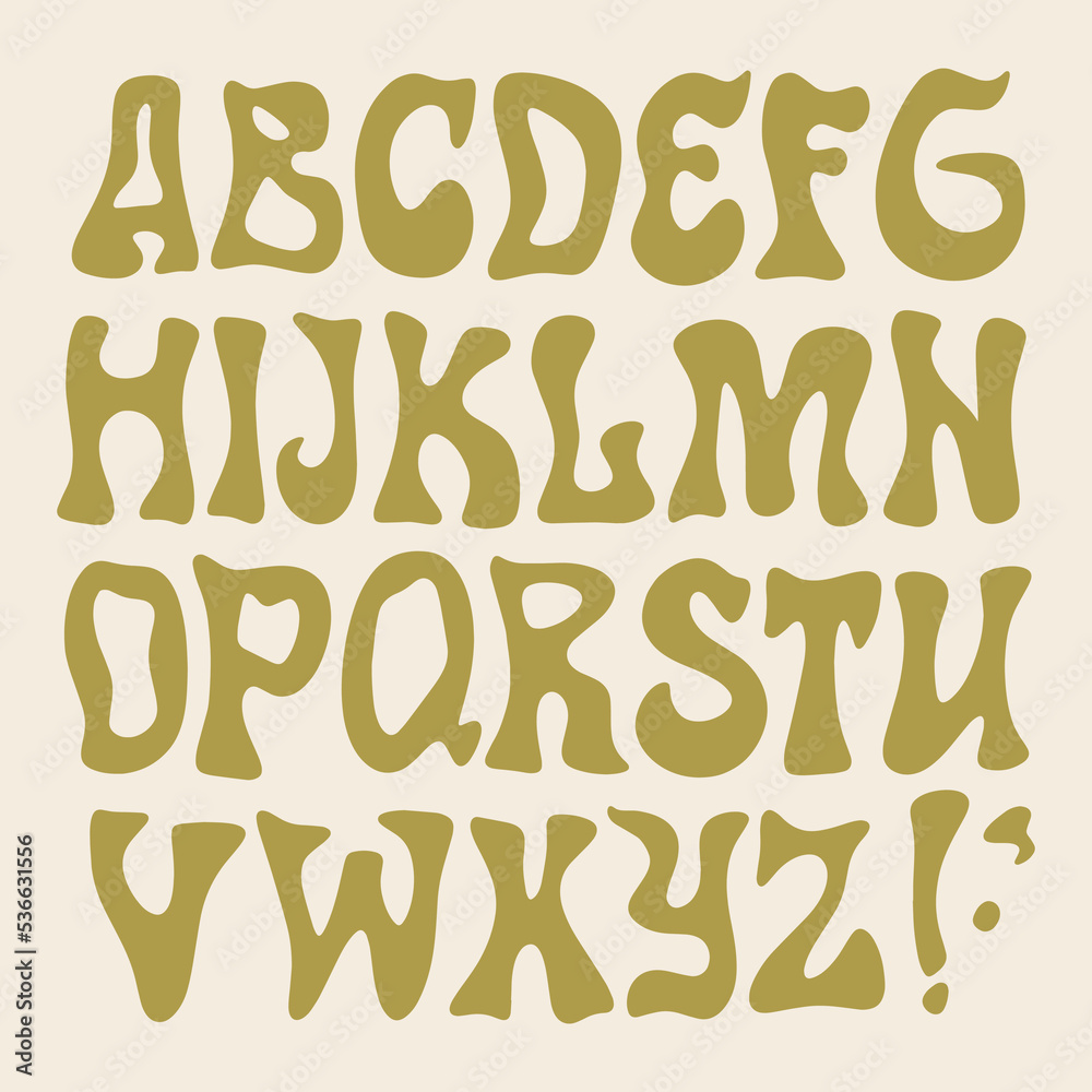 Hippie bohemian groovy postmodern funky font alphabet 1960s boho psychedelic style. Perfect for posters, collages, clothing, music albums and more. Vector clipart illustrations, isolated letters. Hippie bohemian groovy postmodern funky font alphabet 1960s boho psychedelic style. Perfect for posters, collages, clothing, music albums and more. Vector clipart illustrations, isolated letters.