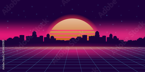 Retro futuristic synthwave retrowave styled night with cityscape silhouette on sunset background. 