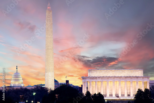 Washington DC skyline including Lincoln Memorial, Washington Monument, and The United States Capitol building 