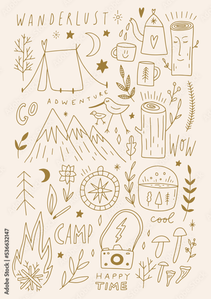 Obraz premium Camp adventure doodle symbols, travel icons set, hand drawn camping bundle. Vector and jpg printable images, unique boho clipart illustrations, editable isolated details. Perfect for poster or