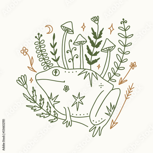 Groovy mushroom hippie frog or toad and mushroom vector and jpg printable image, unique boho clipart illustration, goblincore, witchcore, fairycore trendy aesthetic style. Perfect for poster or