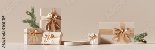 3D podium display, Christmas background for product presentation or text. Gift box with gold ribbon. Beige backdrop with tree branch. Nude pedestal showcase. Present Branding banner. 3D render mockup.