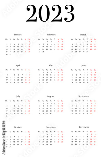classic 2023 calendar on white background. Vector illustration