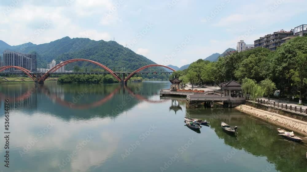 aerial view of suspension bridge over fuchun river in hangzhou aerial view of suspension bridge over fuchun river in hangzhou
