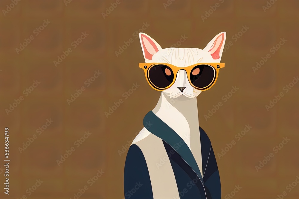 An Urban Cat, isolated 2d illustration. Cartoon picture of a sphynx in casual outfit and spectacles. Drawn feline sticker. Calm anthropomorphic cat on white background. A trendy dressed animal