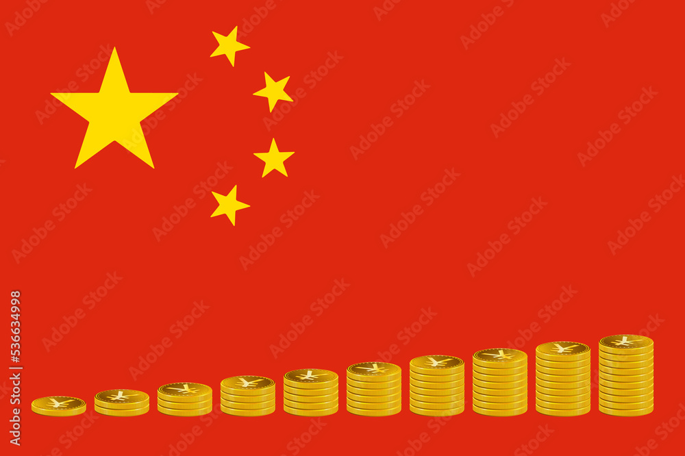Stacks of Yuan coins in golden color on the background of the flag of China.