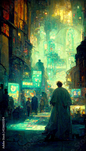 Cyberpunk future illustration in vintage painting style