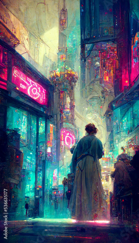 Cyberpunk future illustration in vintage painting style