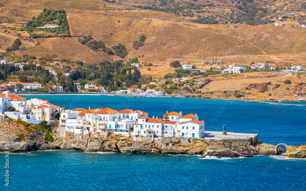 View of Chora town on the beautiful Andros island in Cyclades, Greece, Europe