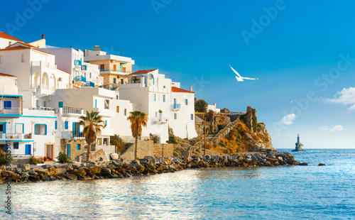 View of Chora town on the beautiful Andros island in Cyclades, Greece, Europe photo
