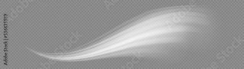 Glowing motion line. Dynamic white waves. Luminous lines of speed. Light sparkling effect. Magic speed flying trails of shine, bright shimmer particles fly. Vector illustration.