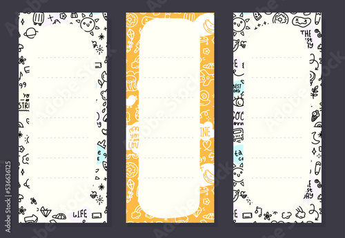 Modern Bookmark design set. Doodle Paper book mark with different objects. Vector illustration. 