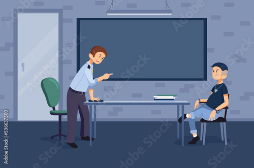 A police officer interrogates a suspect in the interrogation room. The policeman finds out the details of the case from the prisoner. A crime. Young man in handcuffs. Police station. Dark room.