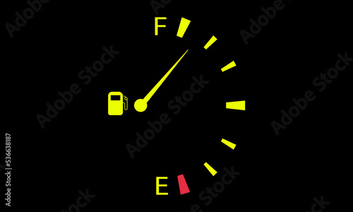 Fuel Gauge illustration on Black background. Fully Diesel indicator and Yellow Gas tank full gauge. From Empty to Full Fuel