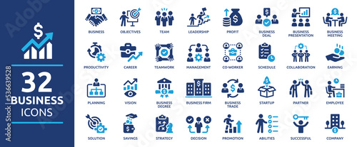 Business icon set. Business team, meeting, partnership, startup, planning, company, management, profit and successful key icons. Solid icons vector collection. photo
