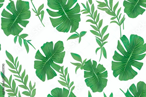 Trend seamless tropical pattern with pastel green plants and leaves on white background. Vintage pattern. Printing and textiles. Beautiful seamless 2d floral pattern.