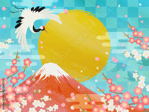 和風背景_富士山と初日の出_鶴_梅_ベクターイラスト