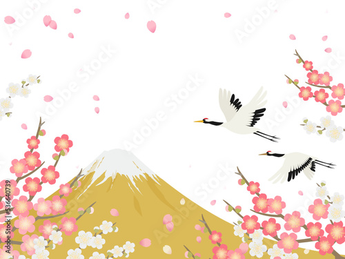 富士山と梅と飛翔する鶴_背景フレーム_ベクターイラスト