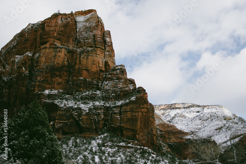 Snowy canyon rock formation in winter, Zion National Park, USA