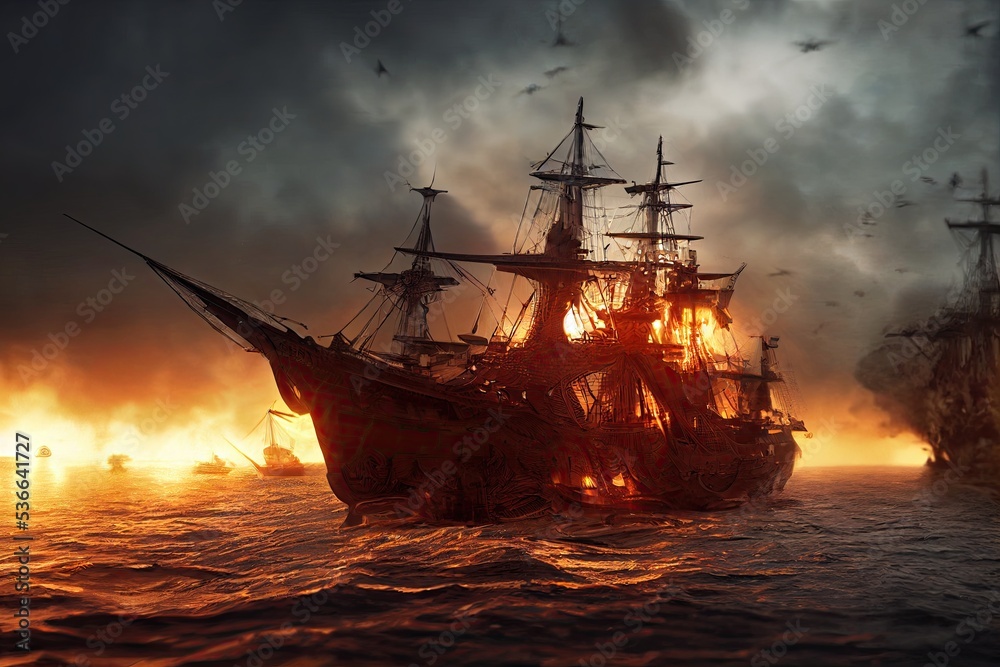An ocean battle from the 16th century between sailing ships and galleons, in which pirate boats are fighting and burning due to gunfire from cannons.