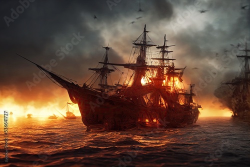 An ocean battle from the 16th century between sailing ships and galleons, in which pirate boats are fighting and burning due to gunfire from cannons.