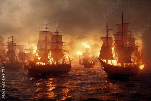 16th-century sea battle with sailing ships and galleons. Pirate boats are on fire in the ocean battle with cannons shooting fire. 3D illustration and fantasy digital painting.