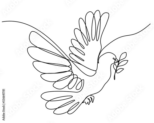 Dove with olive Branch One Continuous Line Drawing Bird symbol of Peace and Freedom  Simple linear style.  Editable stroke. Doodle vector illustration One Line Vector Illustration Isolated on a white 