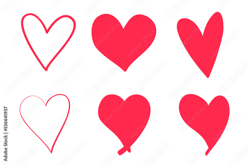 Colorful trendy hearts on isolated white background. Hand drawn set of love signs. Abstract image for design. Line art creation. Colored illustration. Sketchy elements for artworks