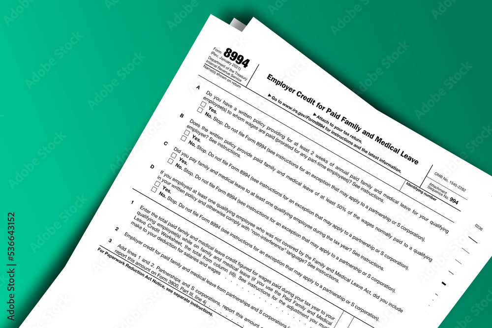 Form 8994 documentation published IRS USA 01.23.2021. American tax document on colored
