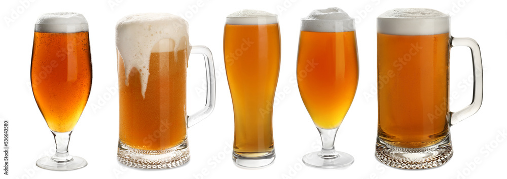 Set with cold tasty beer on white background. Banner design Set with cold tasty beer on white background. Banner design