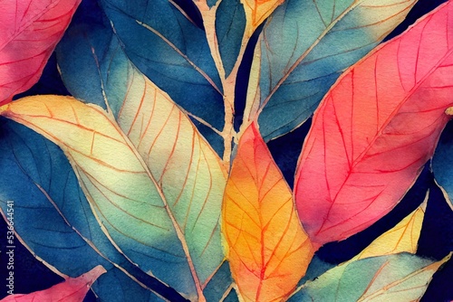 Seamless texture of wild colorful leaves Hand drawn watercolor sketch painting on simple background